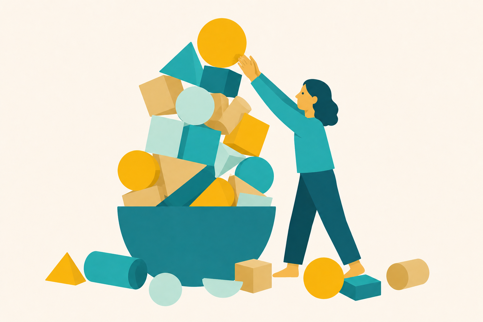 A vessel too small for what it holds, shapes spilling over as one person steadies the top of the pile