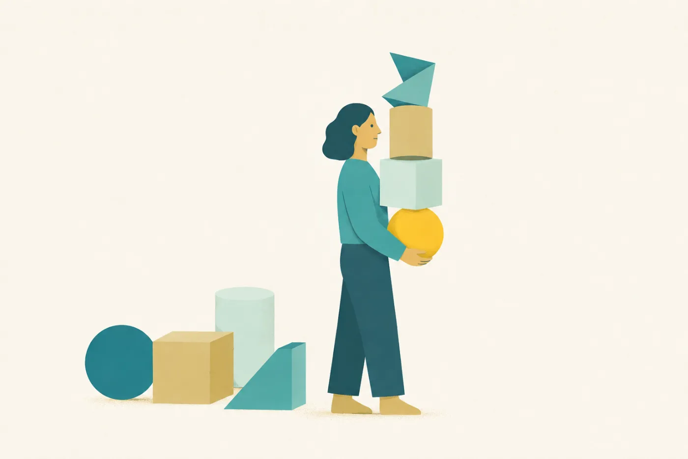 A woman carefully carrying a tall, balanced stack of shapes while others wait on the ground behind her