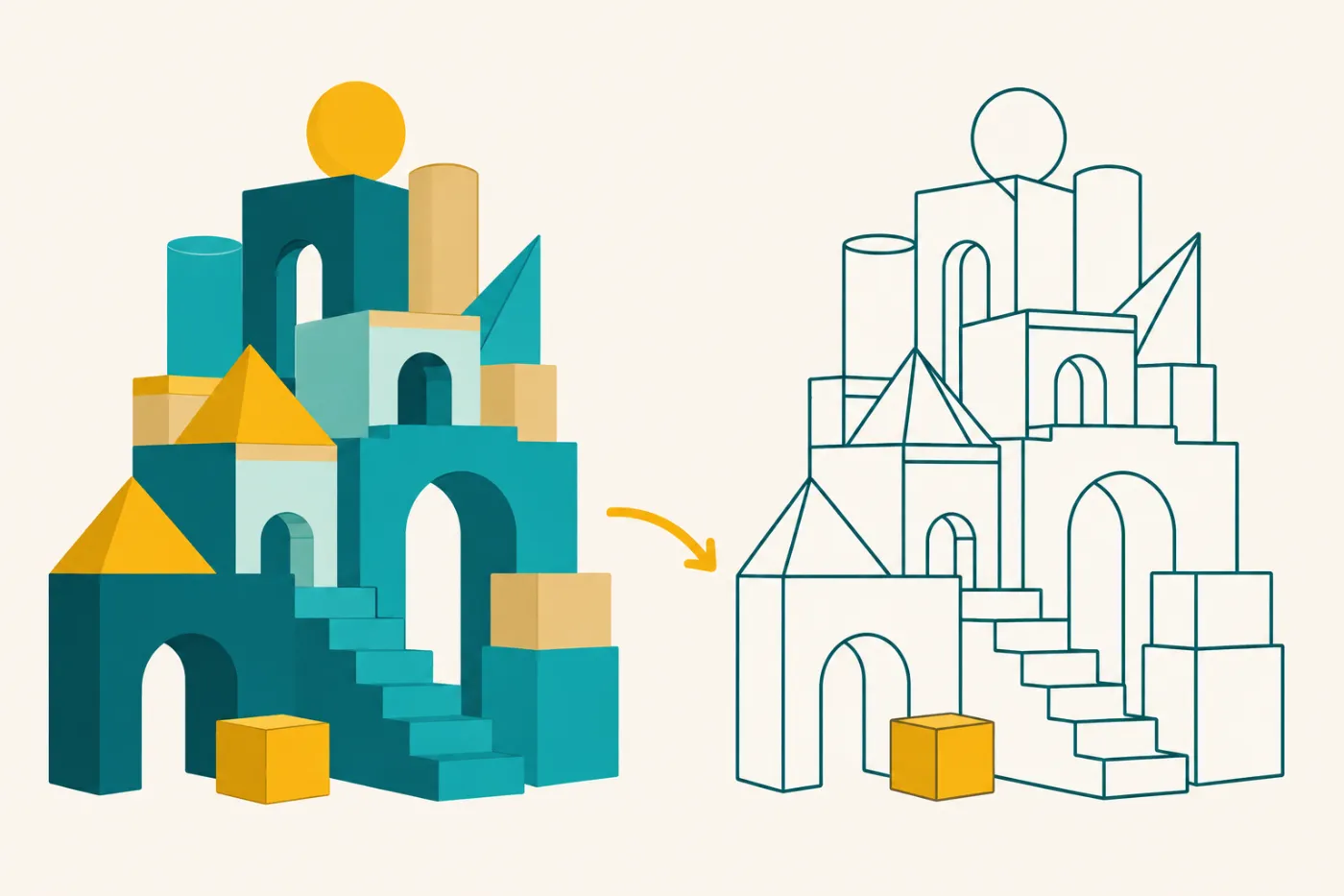 A tall stack of coloured building blocks beside the same structure drawn as a clean line diagram